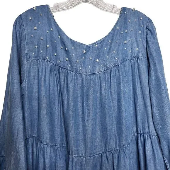 Elliott & Vine Blue Tiered Chambray Tencel Pearl Bell Sleeves Dress Size 3X - Picture 3 of 9